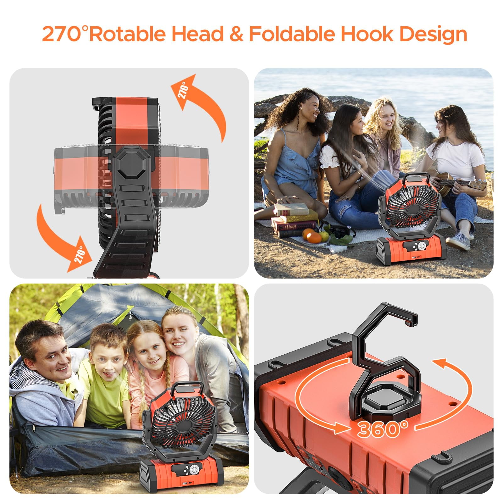 Camping Fan, 20000mAh Rechargeable Battery Operated Outdoor Tent Fan with LED Light & Foldable Hook, 4 Speeds with 270° Rotate Pivot for Camping, Barbecue, kitchen, Fishing, Construction(Orange)