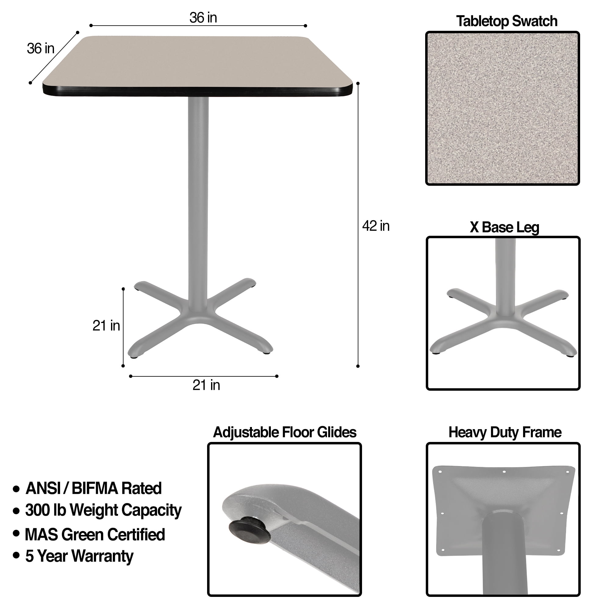 Hampden Furnishings Bennet Collection Steel Frame 36" Square Top, X Base, 42" Height, Cafe Table Grey Frame/Grey Nebula Top