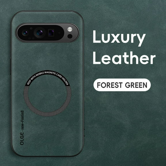 Feishell Designed for Google Pixel 9 / 9 Pro Luxury Premium PU Leather Case [Compatible with Mag-Safe] Shockproof Back Support Magnetic Car Mount Slim Protective Phone Case for Men Women, Green