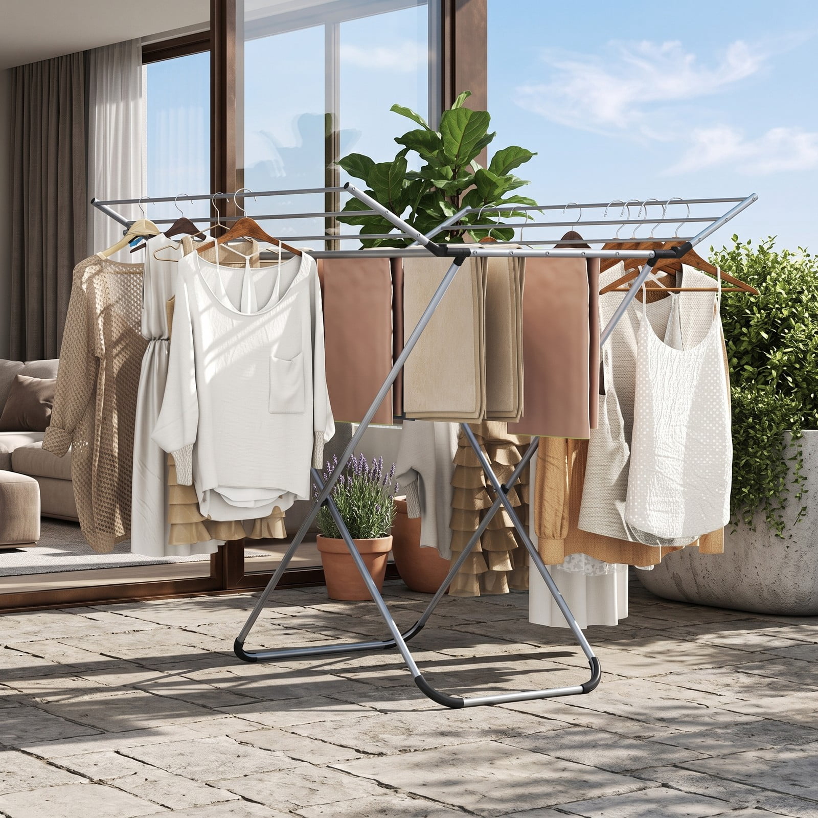 Fenbeli Folding Aluminum Clothes Drying Rack with 2 Side Wings, Rustproof Foldable Laundry Drying Stand for Indoor Outdoor, 60 ft Drying Space, 14 Rods, Silver