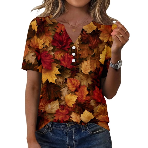 Minjewel Womens T Shirts Casual V Neck Short Sleeve - Fall Leaves Print Button Detail, T Shirts for Women Seasonal Graphic Tee, Summer Tops for Women for Autumn,Brown L