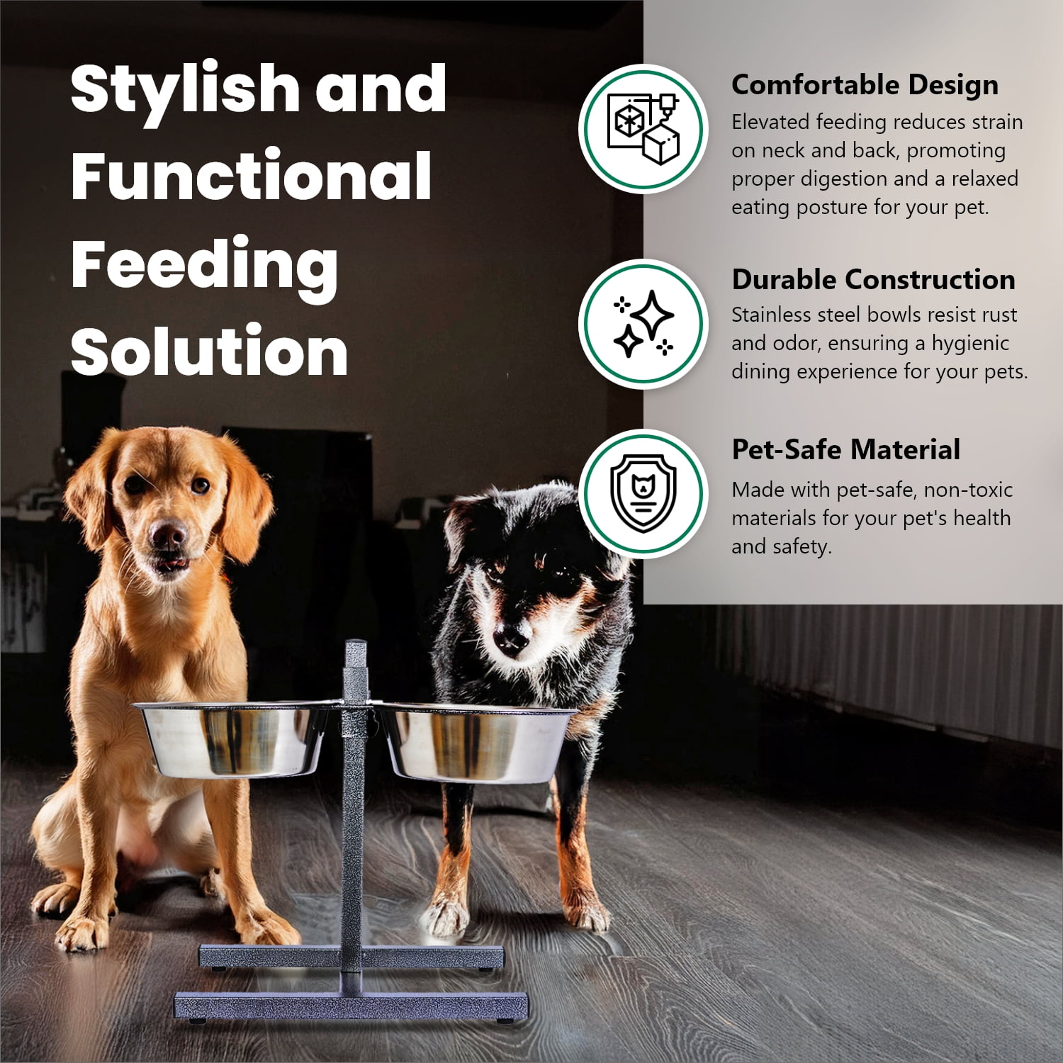 Iconic Pet Adjustable Stainless Steel Pet Double Diner For Dog, 3 Qt, 96 Oz, 12 Cup