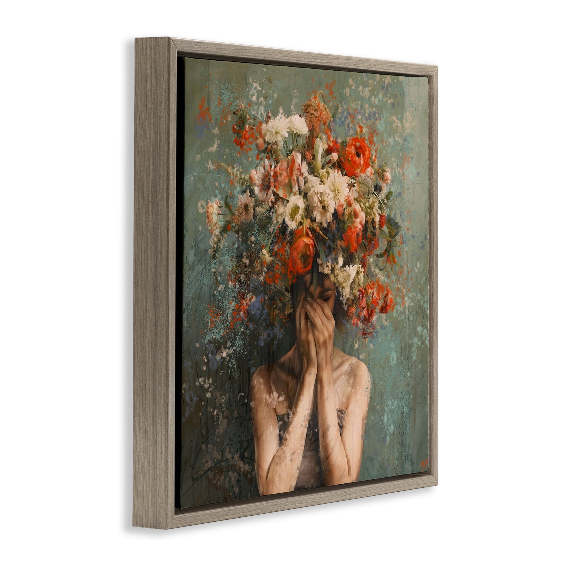 Stupell Industries Floral Figure Portrait Floral & Botanical Painting Brown Floater Framed Canvas Art Print Wall Art, 18 x 18