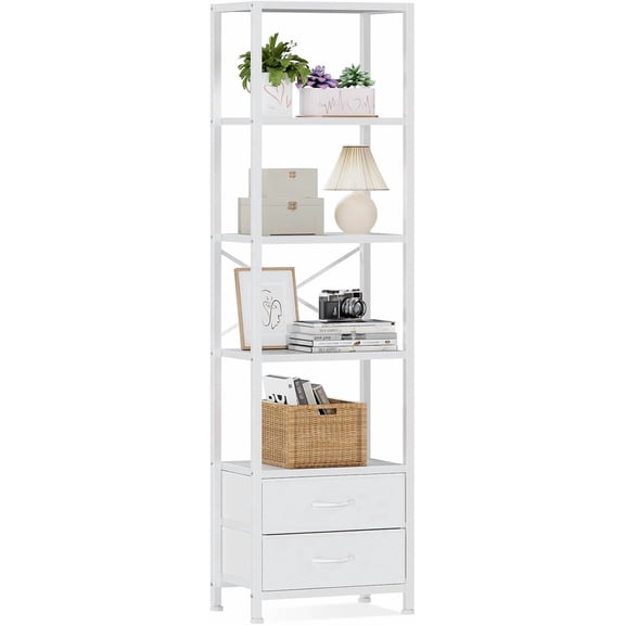 5-Tier Corner Shelf, Narrow Bookshelf with 2 Storage Drawers, Tall Bookcase, Wood Display Standing Shelf Organizer Unit for Living Room, Bedroom, Metal Frame(White)