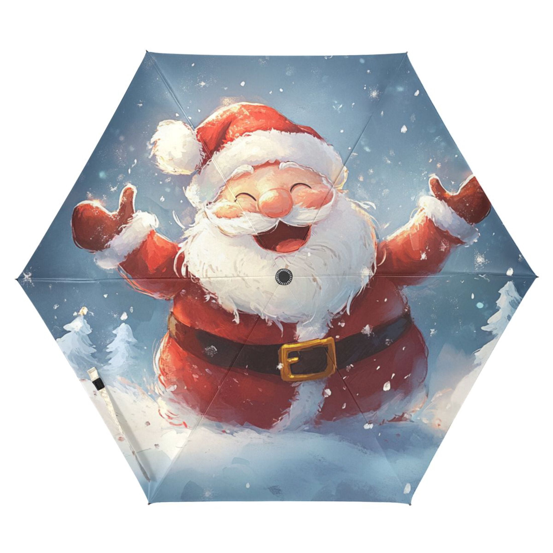 Funny Santa Claus Christmas Snow All Weather Umbrella Triple Folding Parasol 6 Ribs UV Protection Portable