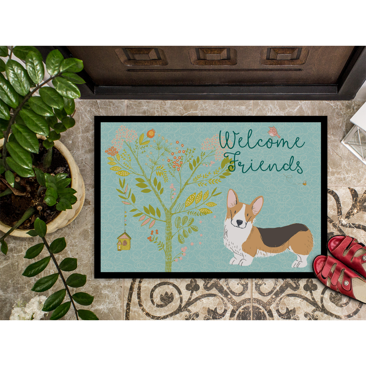 Carolines Treasures BB7609MAT Welcome Friends Pembroke Welsh Corgi Tricolor Doormat 18x27 27"L x 18"W multicolor
