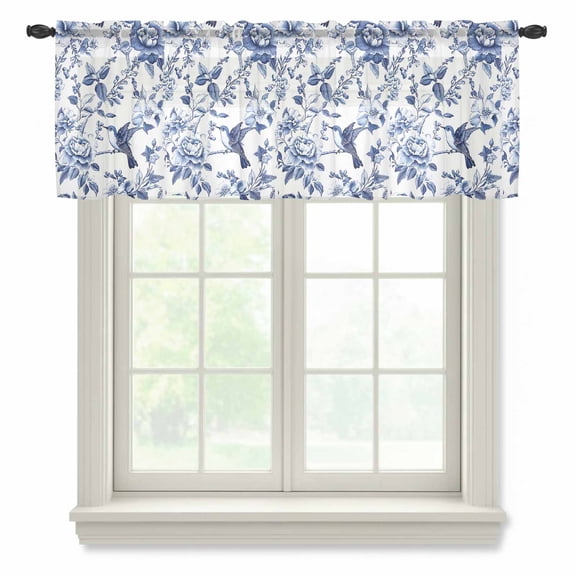 White Blue Spring Floral Valance Curtains for Kitchen/Living Room/Bathroom/Bedroom Window, Rod Pocket Small Topper Half Short Window Curtains Voile Sheer Scarf, Summer Botanical Hummingbird 42"x12"