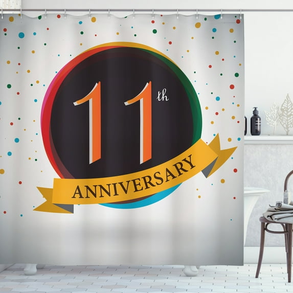 Number Shower Curtain, Eleven Year Anniversary Design in Retro Style Celebration Colorful Modern Print, Fabric Bathroom Set with Hooks, 69W X 75L Inches Long, Multicolor, by Ambesonne