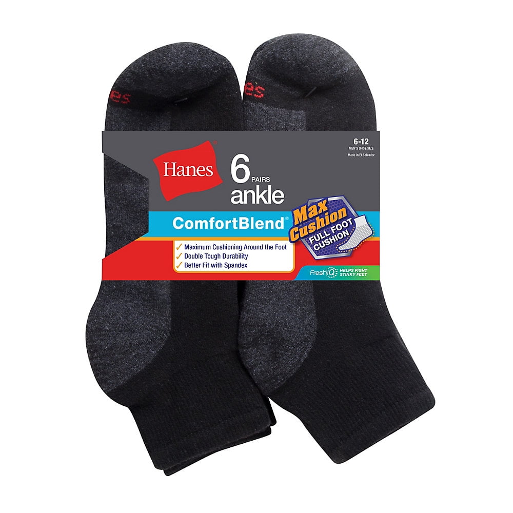 Hanes Men's Ankle Socks 6-Pack ComfortBlend Comfort Durable Heel White or Black Hanes Men's Ankle Socks 6-Pack ComfortBlend Comfort Durable Heel White or Black