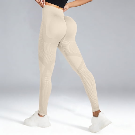 Women's Textured Peach Butt Lifting Yoga Pants, Seamless Tummy Control High Waist Workout Leggings, No Show Lines Tight Fitting Gym Pants for Running, Fitness and Daily Training Beige L
