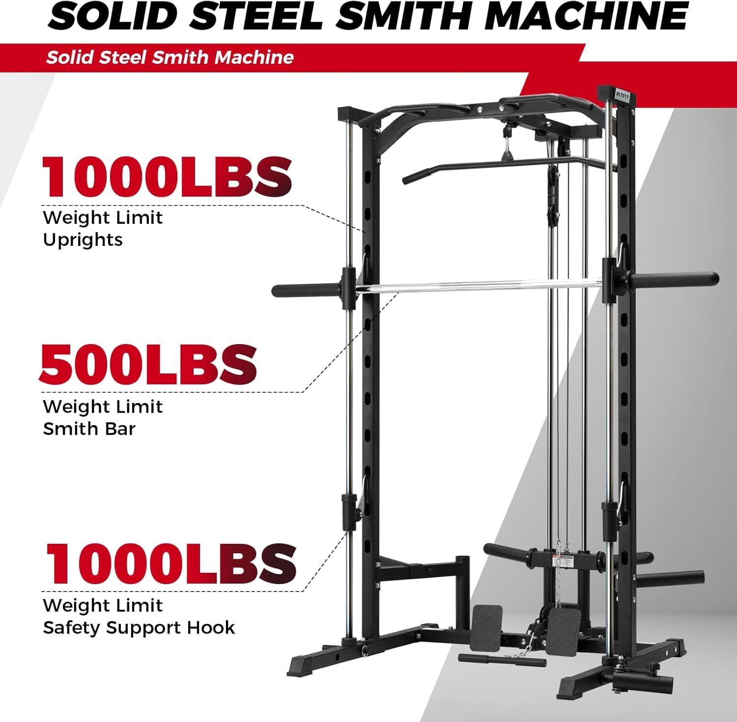 RitFit Smith Machinefor Home Gym, Power Cage Weight Half Rack Weight Lift with LAT-Pull Down System, Landmine (Smith Machine (with Weight Bench and Rubber Plates 140 LBS))