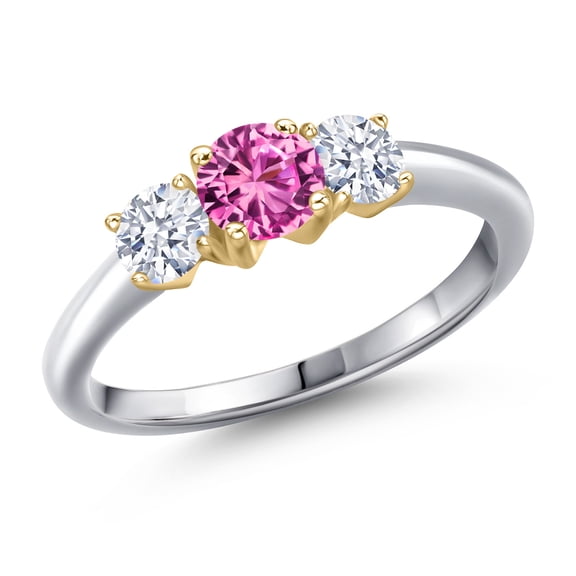 Gem Stone King 10K Two Tone Gold Pink Created Sapphire and White Zirconia Engagement Ring for Women | 1.05 Cttw | Round 5MM | Gemstone September Birthstone | Size 5
