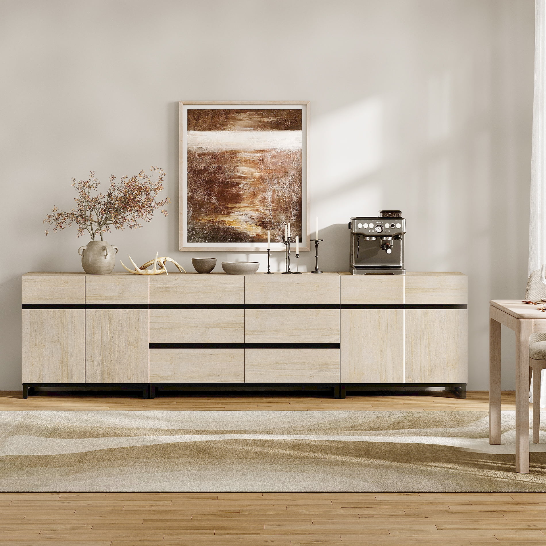 WAMPAT Modern Sideboard with Adjustable Shelves, 3 in 1 Storage Cabinet, Coffee Bar Cabinet for Living Room, Kitchen, Beige