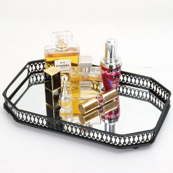 Decorative Perfume and Mirror Tray with Metal Frame for Bathroom, Bedroom or Living Room Vanity Organizer in Black