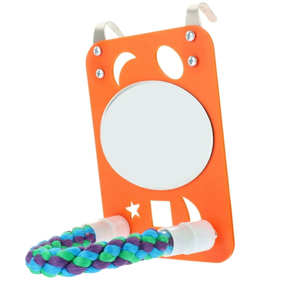 PAMINGONO Bird Mirror for Cage Large Parrot Toys Round Bell Design 1 Set Orange Plastic Metal
