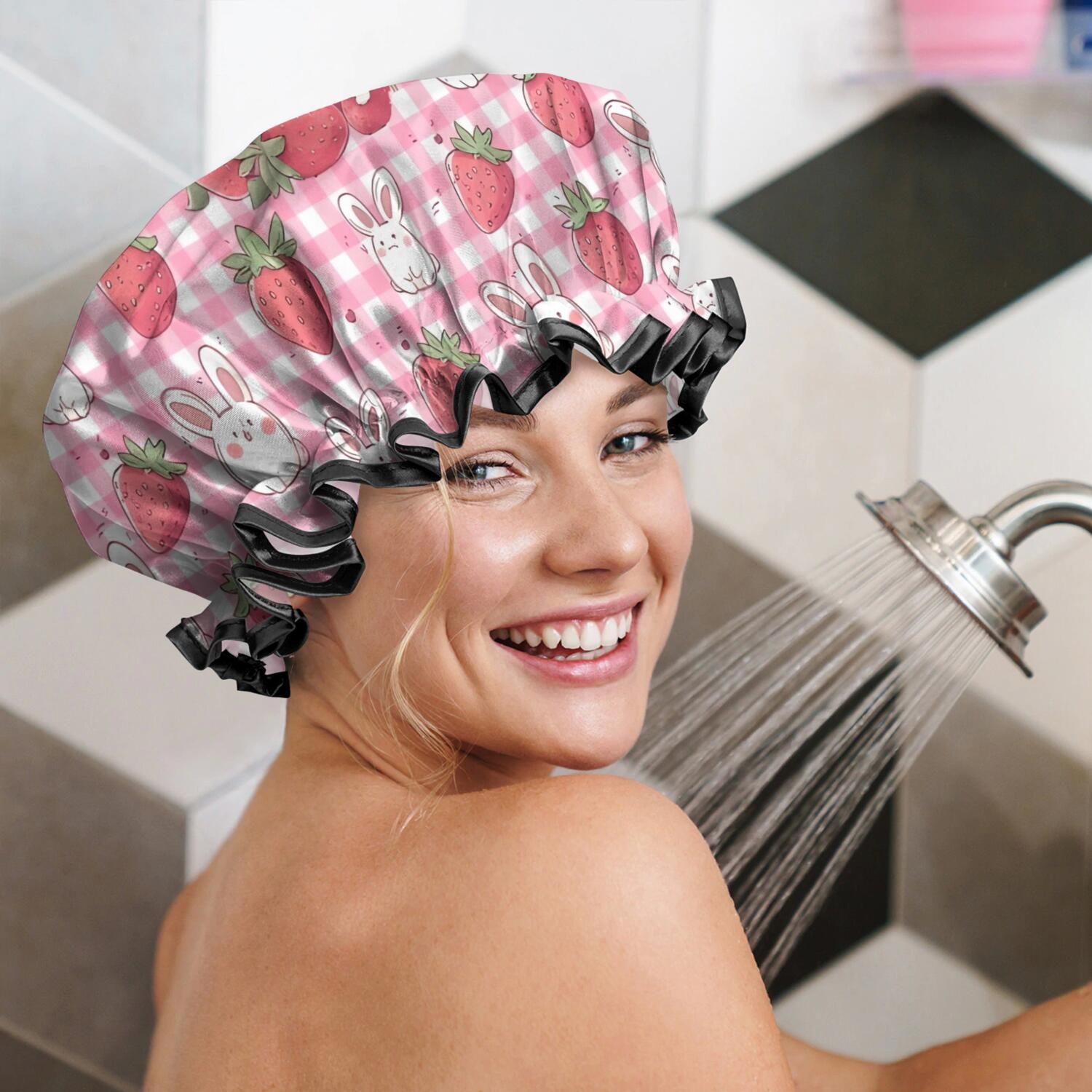 Shower Caps,Strawberry Plants Fruit Rabbit Checkered Waterproof Shower Cap for Women 4 Pieces,Double Reusable Hair Cover for Shower PEVA Elastic Stretch Hem