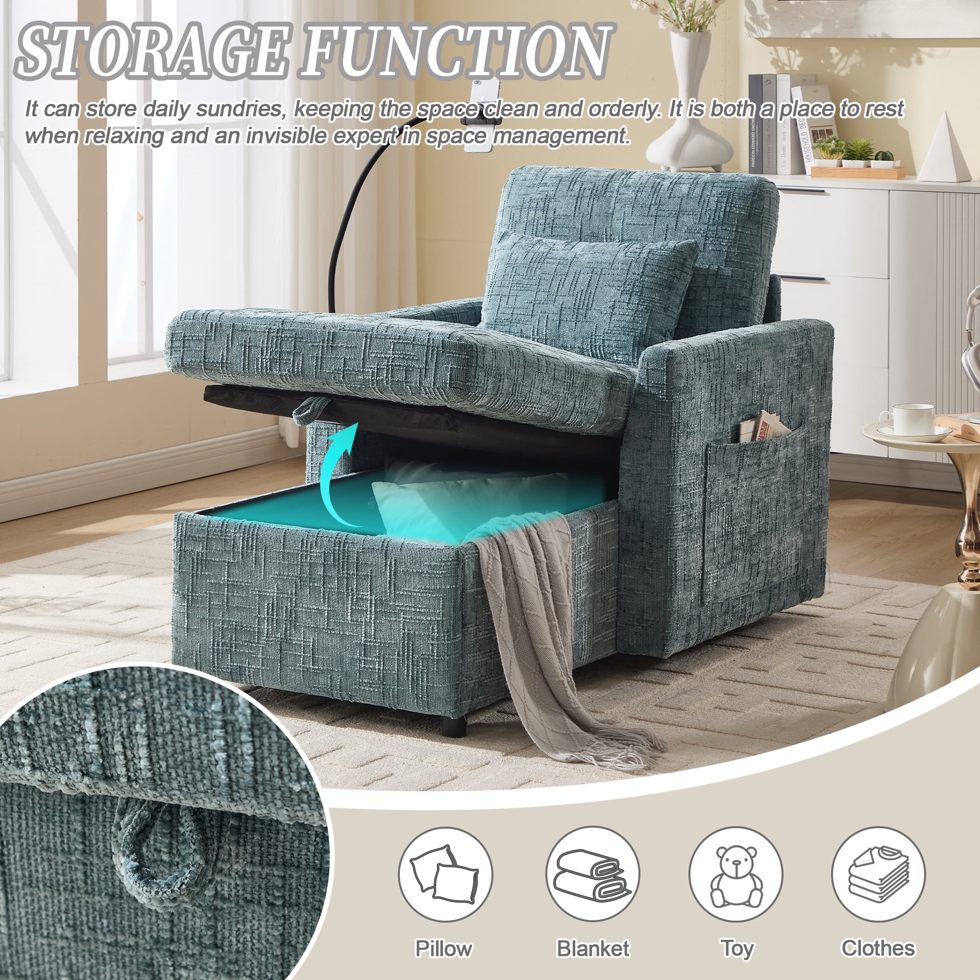 EPOWP Multifunctional lazy person sofa recliner can be stored storage backrest with cell phone bracket chenille single leisure chair for living room bedroom small household