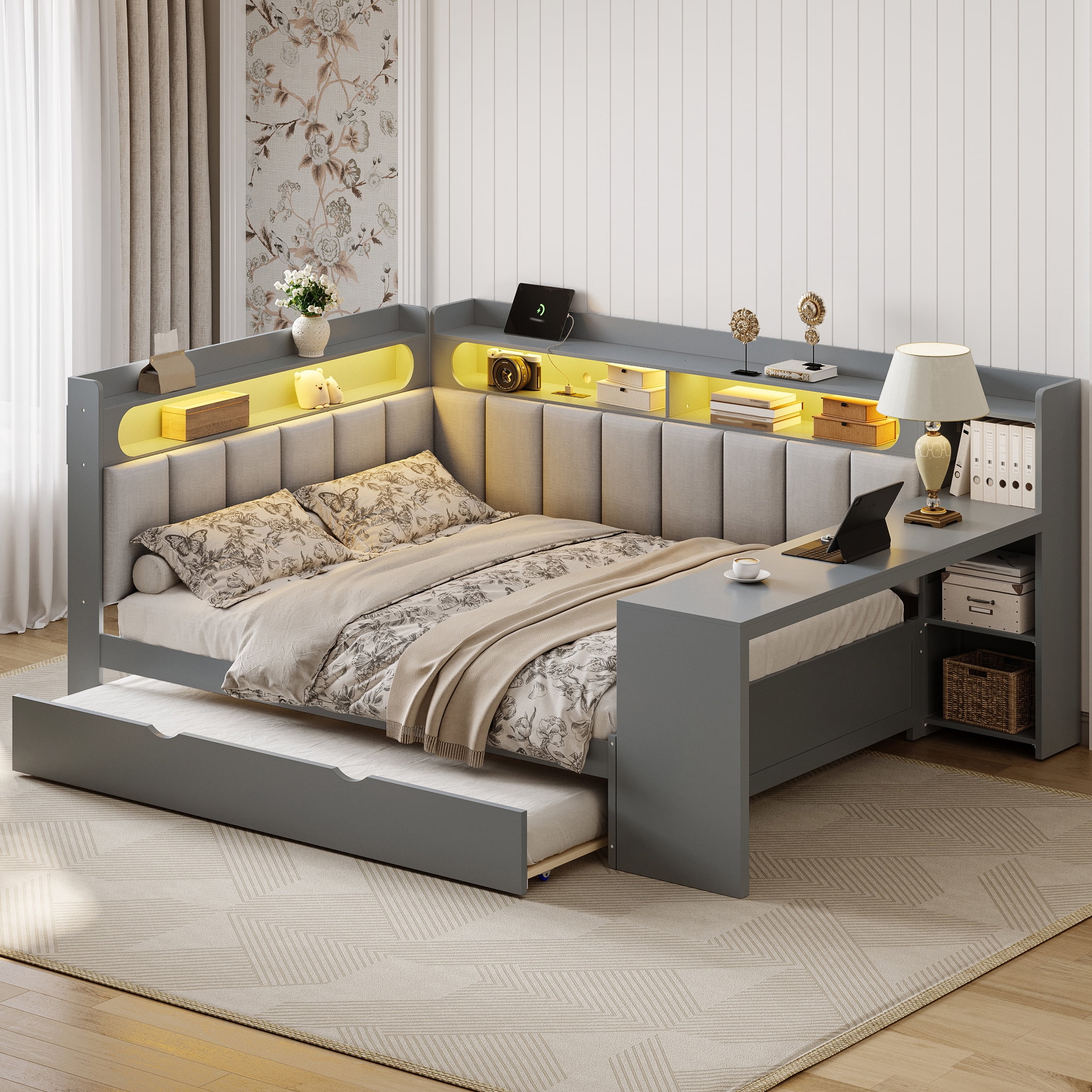 Euroco Wood Full Size Platform Bed with Upholstery Storage Headboard and Trundle, Daybed with Desk, USB Ports and LED Light, Gray
