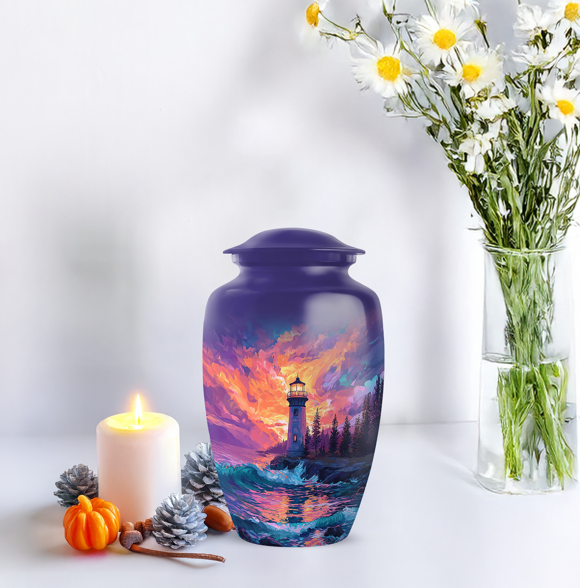 Lighthouse Urn For Human Ashes Brother, Purple Cremation Urns For Adult Ashes Women, Blue Urns For Cremated Remains, Orange Large Urn Adults For Male And Female Size, 10 Inch