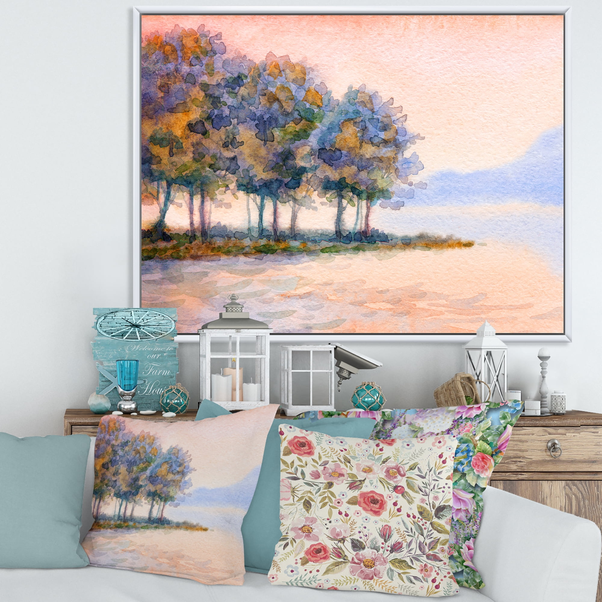 The Rural Lake In Sunset Evening II 32 in x 16 in Framed Painting Canvas Art Print, by Designart