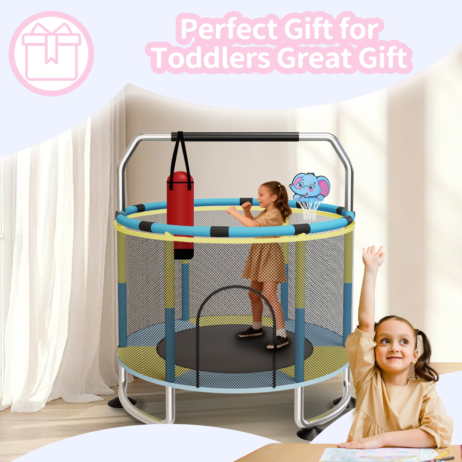 G TALECO GEAR Trampoline for Kids, Toddler Trampoline with Adjustable Gymnastics Bar & Toys, Indoor & Outdoor Round Small Trampoline Gift for Boys & Girls,  400lbs, Yellow & Blue