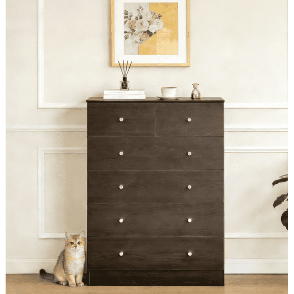 Enyopro 6 Drawer Dresser,Modern Tall 6 Storage Drawers, 4 2 Brown Wood Cabinet for Bedroom, Living Room & Apartment