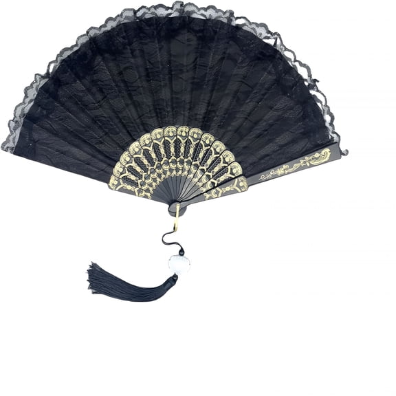 XIBUFE 1920s Vintage Lace Folding Fan, Floral Embroidery Hand Fan with Gold Glitter & Tassel for Wedding Bridal Dance