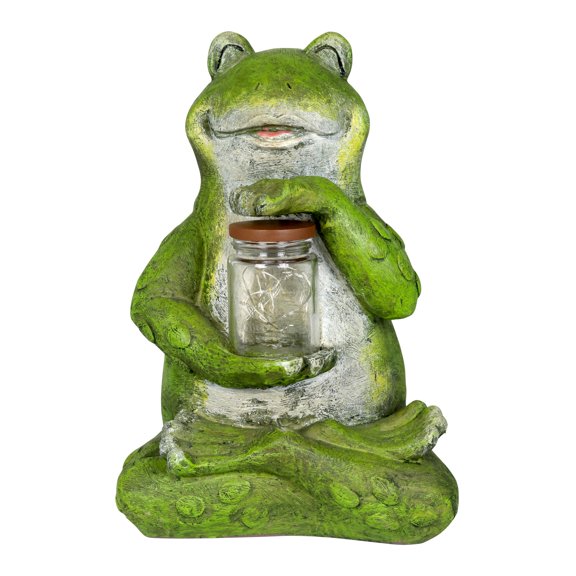 Exhart Solar Frog Garden Statue Holding a Glass Jar with Eight LED Firefly String Lights, 6 by 11 inches, Resin, Multicolor