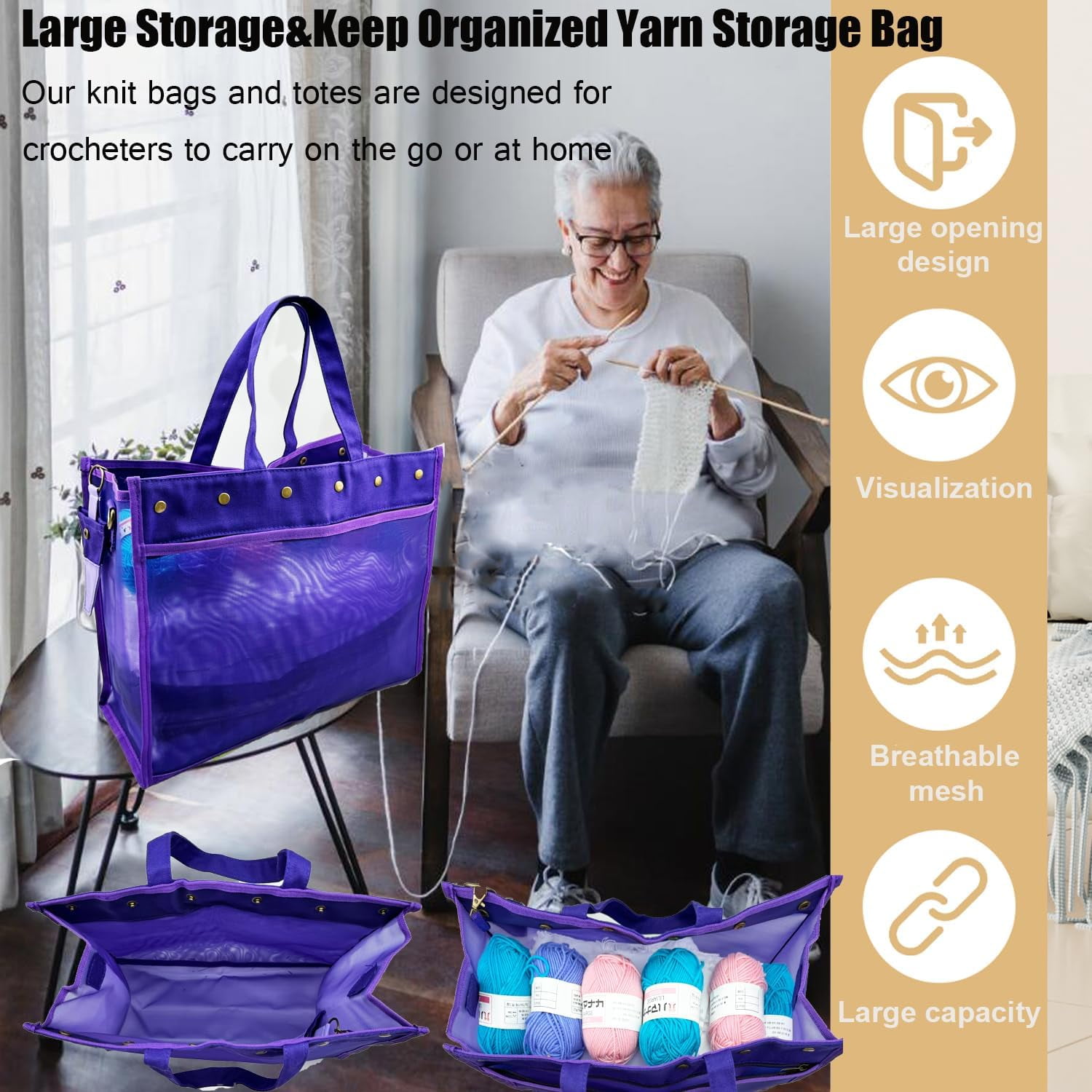 ABCISI Knitting Bag Large Yarn Storage Organizer, Crochet Bags and Totes, Yarn Bags for Crocheting, Crochet Storage Bags for Crochet Hooks Knitting Needles, Knit Bags for Crochet Lovers (Purple)