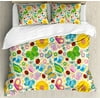 Nursery King Size Duvet Cover Set, Spring Themed Vivid Colored Seasonal Elements Blooming Flowers Ladybugs Bees Birds, Decorative 3 Piece Bedding Set with 2 Pillow Shams, Multicolor, by Ambesonne