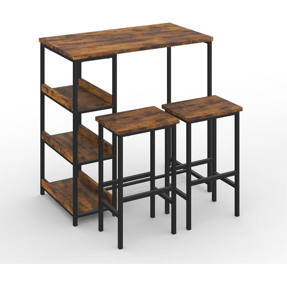 3-Piece Kitchen Table Set with Storage Shelves & 2 Bar Stools - Iron and Wood Dining Table for Small Spaces, Apartments, Condos, Rustic Brown