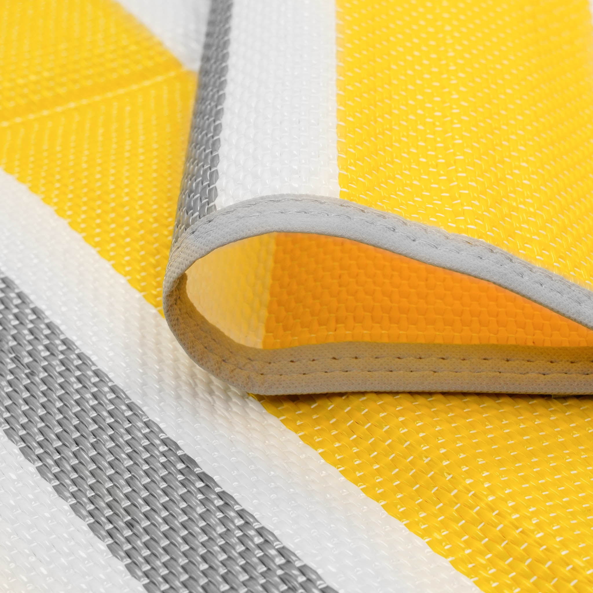 Luna Contemporary Stripe Yellow and Gray Polypropylene Reversible Plastic Straw Outdoor Area Rug, 4' x 5'11'' Rectangle