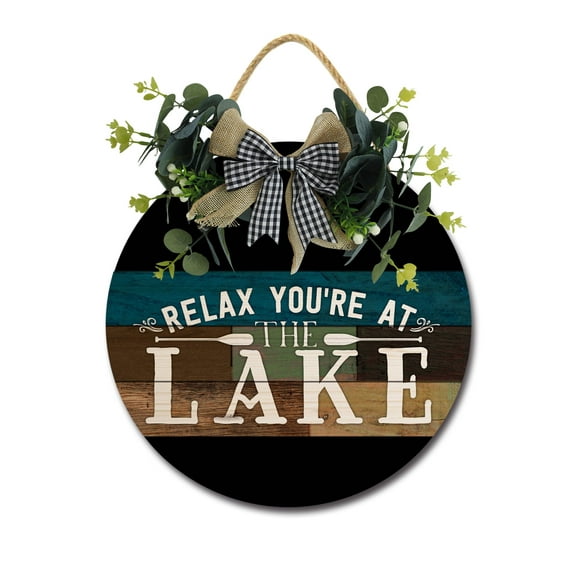 Relax, You're At The Lake Front Door Sign Funny Wreaths Hanging Wooden Plaque Decoration Round Rustic Wood Farmhouse Porch Decor for Home Front Door Decor, 12 x 12 Inch