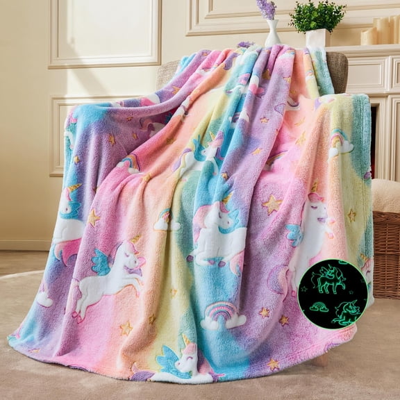 Joyfy Glow in The Dark Blanket Unicorn Gifts for Girls 50" x 60" Soft Cozy Flannel Kids Throw Blanket
