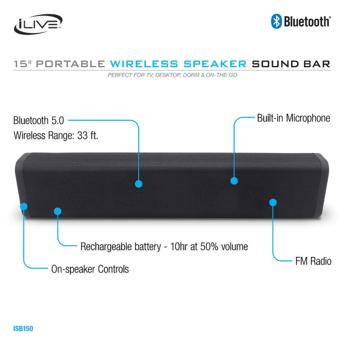 iLive 15" 5.0 Portable Bluetooth Wireless Speaker Soundbar, ISB150B