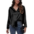 thumbnail image 3 of Capreze Work Office Shirt Tops for Women New Long Sleeve Loose Baggy Casual Tunic Top Blouse Ladies Satin Basic Tee Tops L Black, 3 of 3
