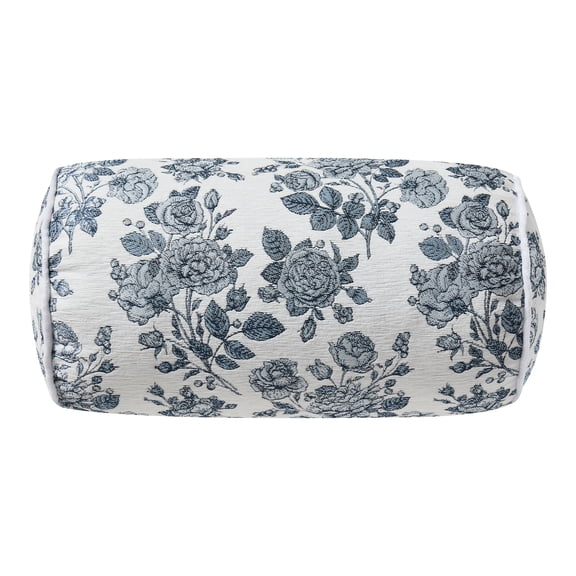 Floral Toile Bolster Decorative Pillow, Blue and White, 16" x 8", by My Texas House