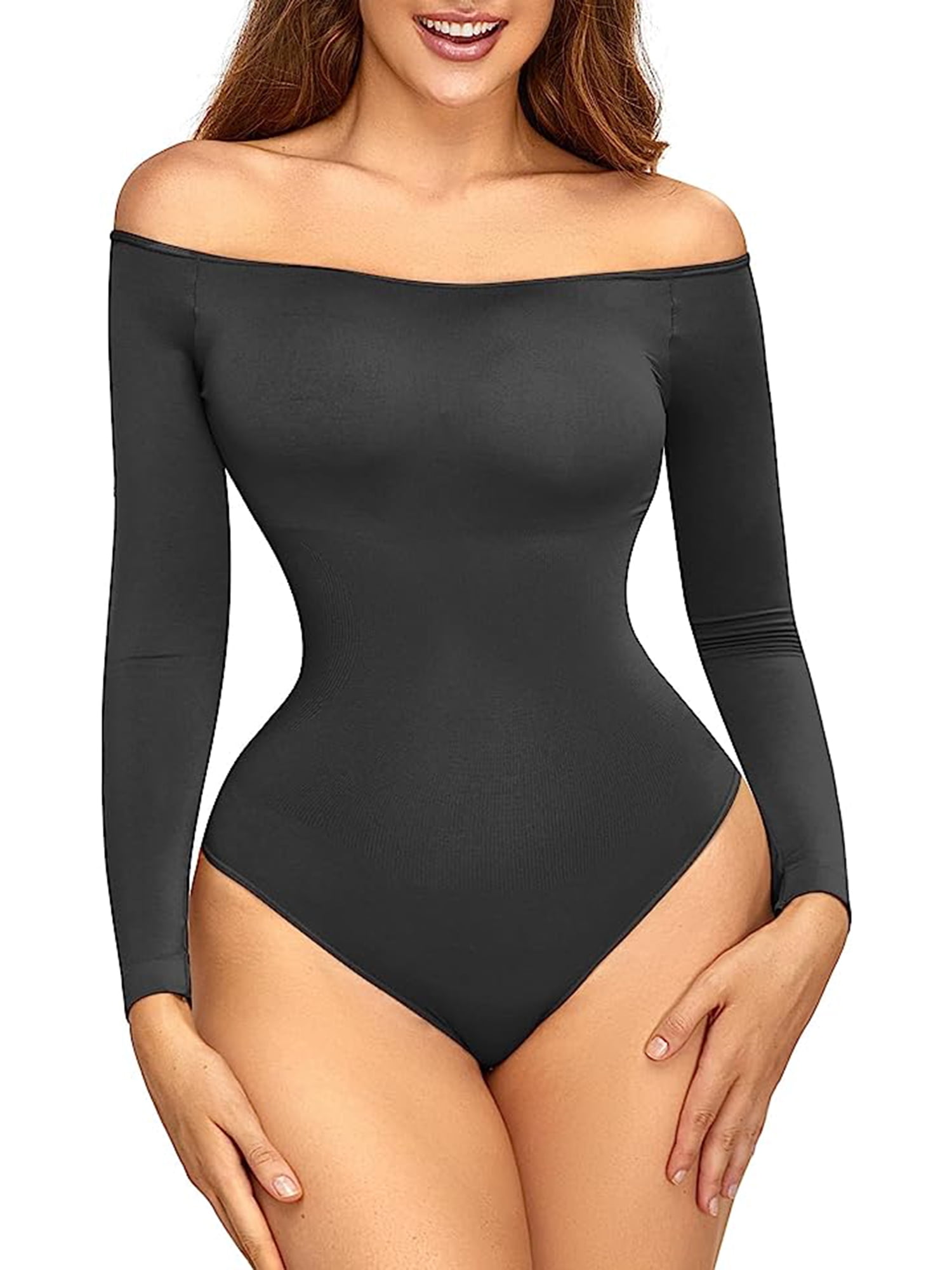 LELINTA Women's Off Shoulder Long Sleeve Bodysuit Tops Sexy Bodysuit Tummy  Control Seamless Slimming Body Shaper Body Suits Jumpsuit Tops, Black 