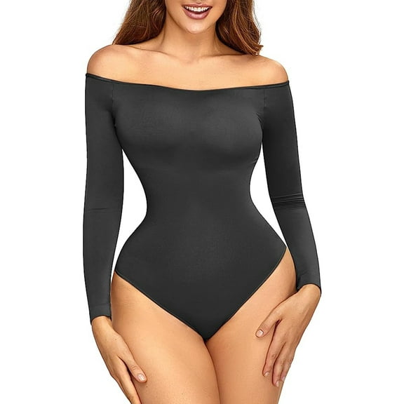 LELINTA Women's Off Shoulder Long Sleeve Bodysuit Tops Sexy Bodysuit Tummy Control Seamless Slimming Body Shaper Body Suits Jumpsuit Tops, Black