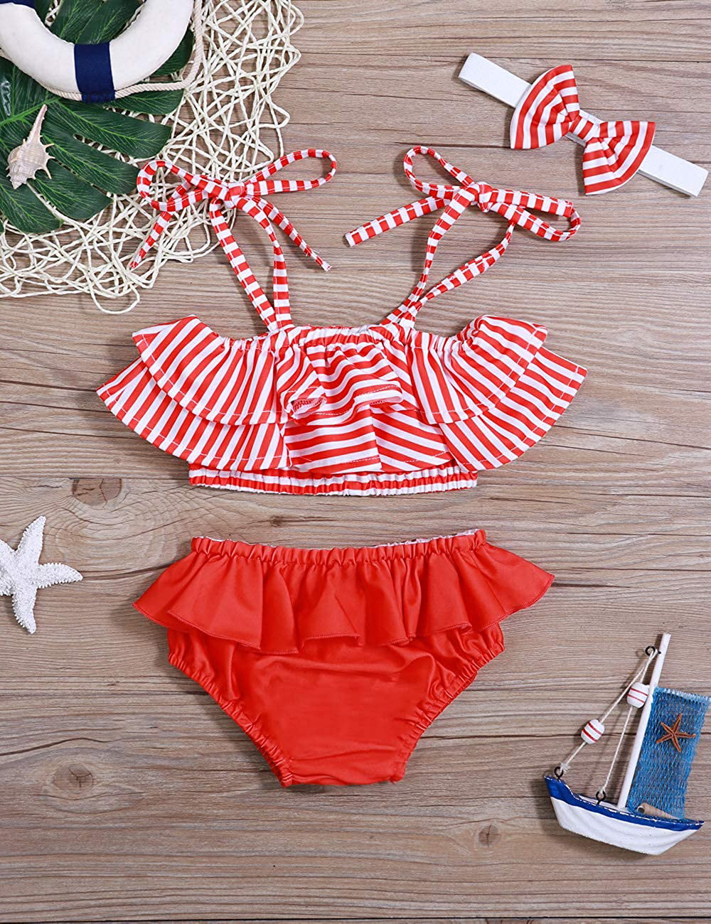 Baby Girl Swimsuit Ruffle Red Dot Top and Bikinis Skirt with Headband 2 Piece Swimwear