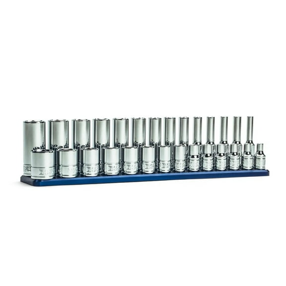 Capri Tools 1/4 Drive Master Chrome Sockets Set, 6-Point, 4 to 15 mm, Metric, 28-Piece with Billet Aluminium Socket Rail