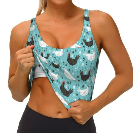 Qokaie Lovely Roosters Pattern Womens Scoop Neck Sports Bra Breathable Workout Vest Padded U Back Medium Impact Fitness Gym Yoga Bra Workout Crop Top