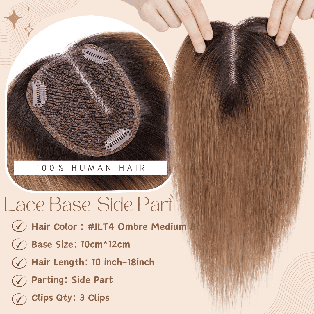 Benehair 10*12cm Side Part Clip In Hairpiece 100% Remy Real Human Hair Topper Hair Piece Wigs Handtied Lace Base For Woman Thin Hair Loss Top Piece Ombre Balayage 10inch