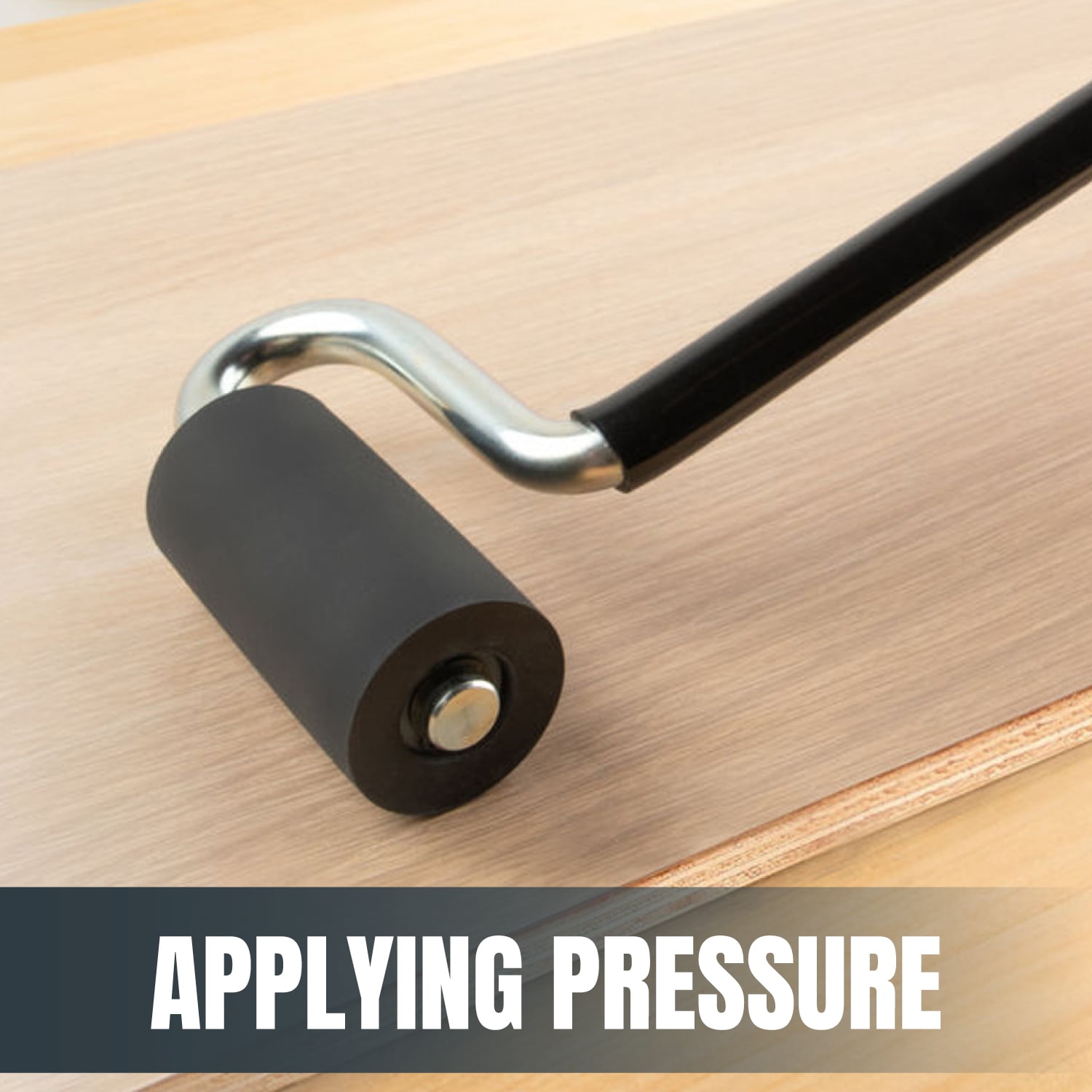 POWERTEC 12" Long Handle J Roller, 1-1/2 Inch Diameter, 3 Inch Wide, Flex-Free Stainless Steel Laminate Veneer Roller Tool Rubber Edge Banding Wall Coverings