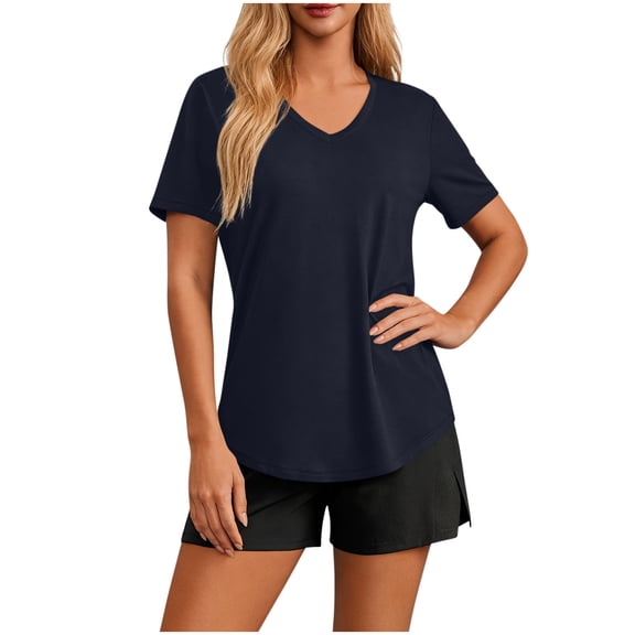 Zynoxe Sun Protection T Shirts for Women Comfortable Short Sleeve Upf 50 Sun Shirt Casual Versatile V Neck Solid Color Going Out Summer Tops (Navy,S)
