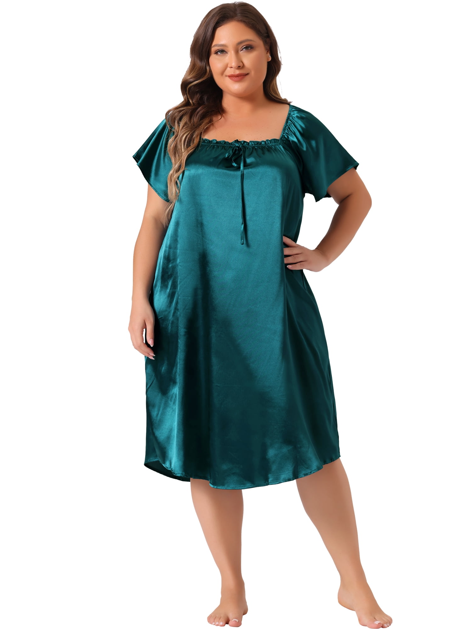 DARING DIVA Women's Plus Size Satin Silk Pleated Loose Nightgown 1X Peacock Blue