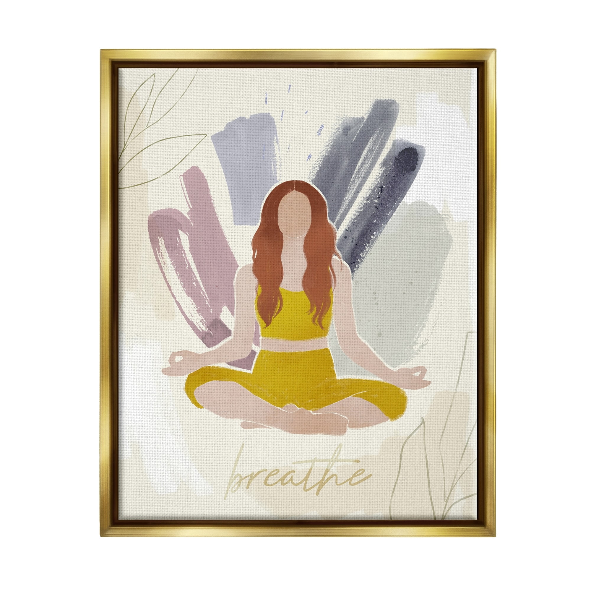 Stupell Industries Abstract Person Meditating Yoga Breathe Text Botanicals Metallic Gold Framed Floating Canvas Wall Art, 24x30, by Victoria Barnes