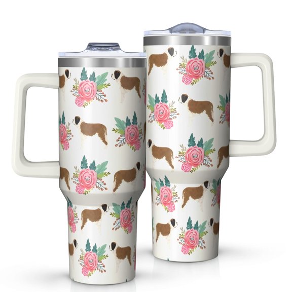 OBREWU Saint Bernard Dog Breed and Flower Floral Tumbler with Handle and Lid,Saint Bernard Dog Breed and Flower Floral 40oz Double Wall Vacuum Insulated Tumbler,Cups Gift for Women and Men