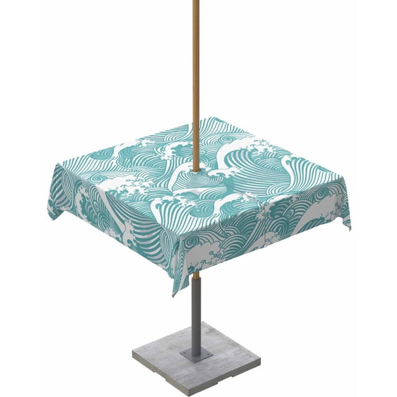 Outdoor Tablecloth with Umbrella Hole for Patio/Picnic/Party/Camping, Turquoise Ocean Waves Waterproof Table Cloth Square Cover Washable, Abstract Art Moire Seaside 60"x 60"
