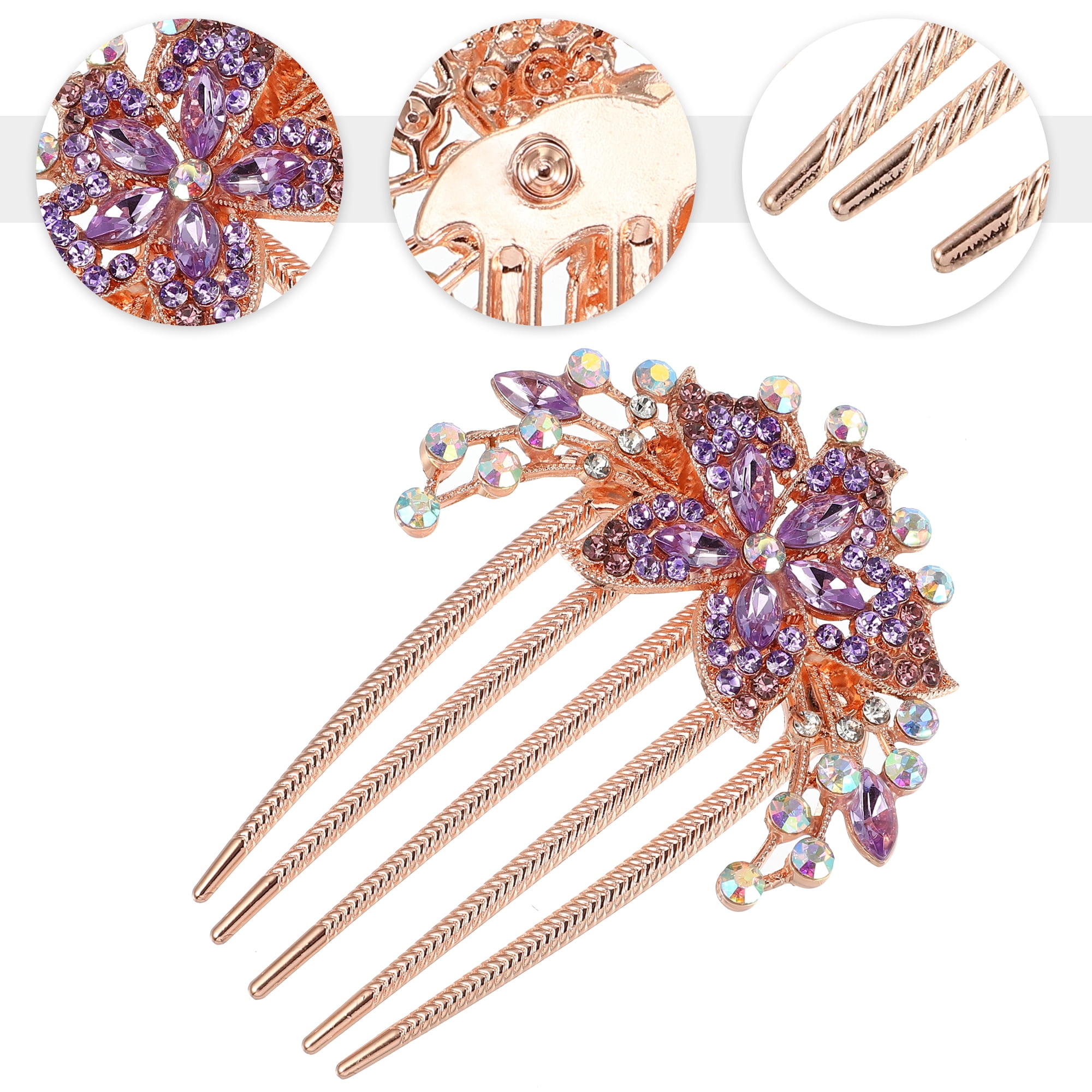 Unique Bargains Women Rhinestone Inlaid Flower Hair Comb 1Pc Violet